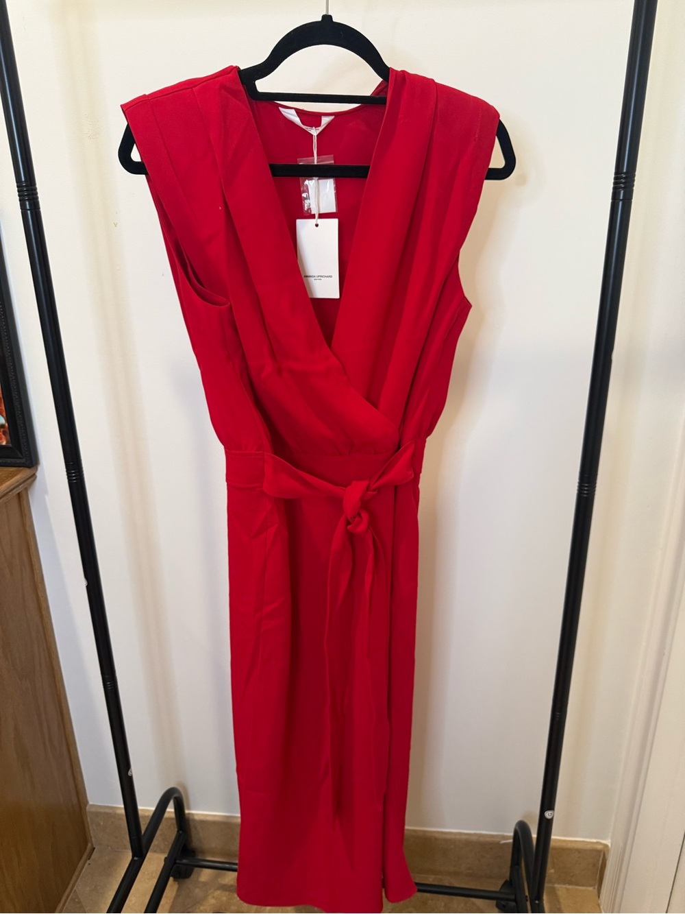 Amanda Uprichard Red Sleeveless Wrap Midi Dress with Waist Tie